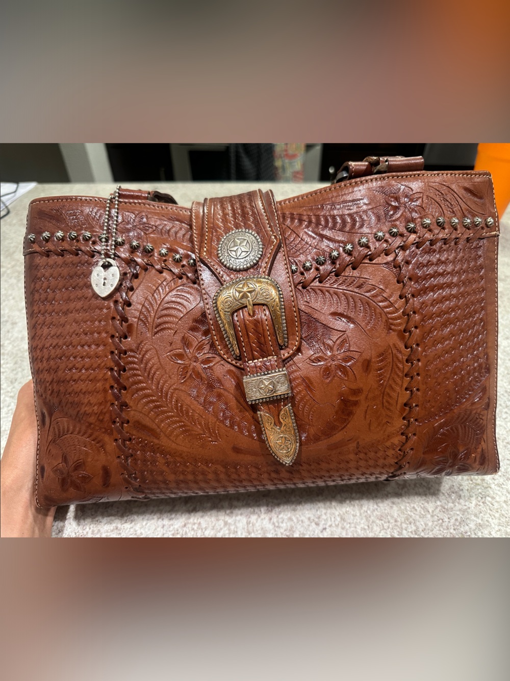 American West Brown Tooled Leather Western Belt-Style Shoulder Bag